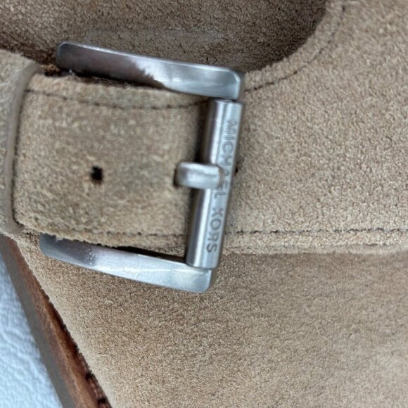 Michael Kors Suede Ankle Boots Size 6.5 Tan Leather Side Zip Block Heel Bootie - Picture 5 of 12